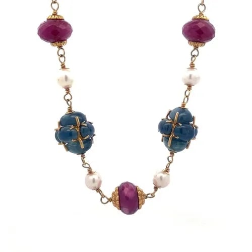 MULTICOLOR GEMS 18K GOLD NECKLACE YELLOW PEARLS BEAD MOTIFS FILIGREE BALL (1 of 2)