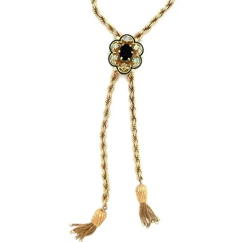 GOLD & GEMSTONE NECKLACE 14K YELLOW FLORAL MOTIF TASSEL STYLE 21.5": GOLD & GEMSTONE NECKLACE 14K YELLOW FLORAL MOTIF TASSEL STYLE 21.5" This vintage gold and gemstone necklace features a tassel style pendant with a floral motif, crafted in 14k yellow gold the rope cha