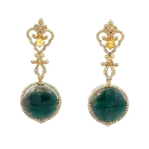 DIAMOND GOLD FLORAL DROP EARRINGS GREEN QUARTZ 18K YELLOW 2.5CT BOCHIC 2.25" (1 of 2)