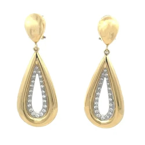 AMORE DIAMOND DANGLE EARRINGS 18K TWO TONE GOLD TEARDROP STYLE: AMORE DIAMOND DANGLE EARRINGS 18K TWO TONE GOLD TEARDROP STYLE This is a gorgeous pair of drop dangle earrings by Amore, it is crafted from 18k yellow and white gold with a fine polished finish. The t