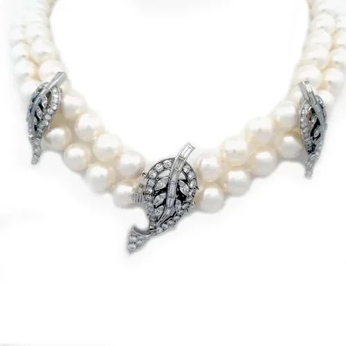 DIAMOND PLATINUM NECKLACE PEARLS DOUBLE STRAND LEAF MOTIFS CHOKER VINTAGE (1 of 2)