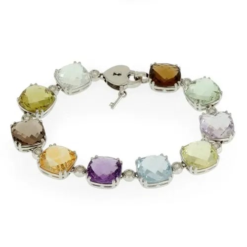 DIAMOND MULTICOLOR GEMS 18K WHITE GOLD CUSHION LINK BRACELET (1 of 2)