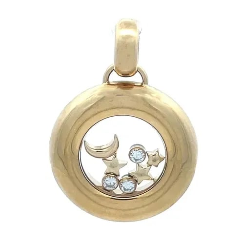 CHOPARD HAPPY DIAMOND GOLD PENDANT 18K YELLOW FLOATING MOON & STARS ROUND: CHOPARD HAPPY DIAMOND GOLD PENDANT 18K YELLOW FLOATING MOON & STARS ROUND Add this gorgeous Chopard pendant to your collection today! A stunning piece that captures the essence of luxury and celebrati