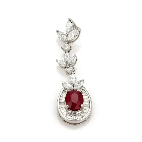 DIAMOND GOLD PENDANT RUBY 18K WHITE 4.20CT LONG LEAF FLORAL STYLE: DIAMOND GOLD PENDANT RUBY 18K WHITE 4.20CT LONG LEAF FLORAL STYLE This elegant gold pendant features a floral Style with an oval ruby in the center of an oval frame surrounded with channel set baguett