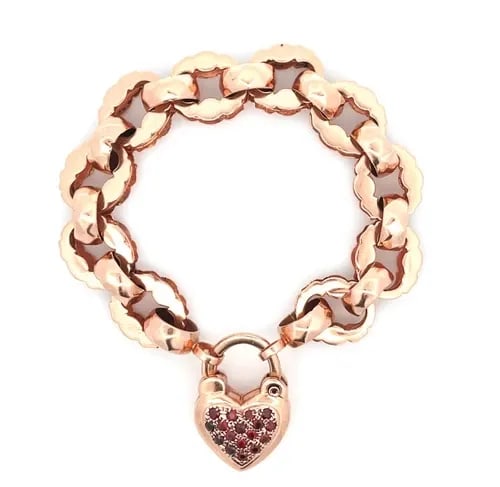 LINK BRACELET 14K ROSE GOLD RED GEMSTONES HEART CLASP CHARM VINTAGE (1 of 2)
