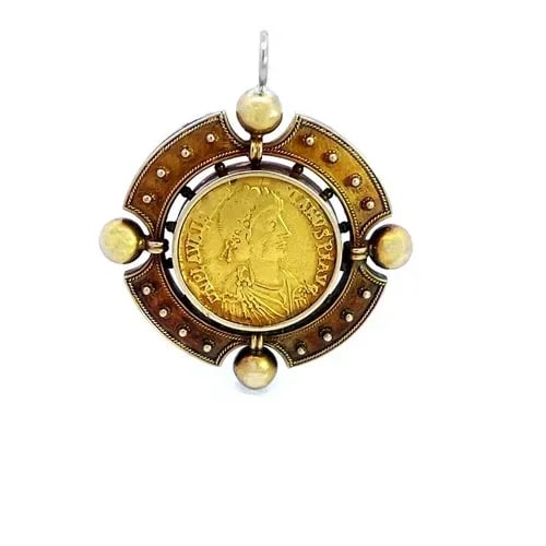 GOLD 23K ROMAN COIN ROUND PENDANT 18K YELLOW FRAME ANCIENT: The product is a round pendant made of 23k Roman coin. it is set in a fancy 18k yellow frame accented with polished beads. The placement of the coin with the fine and larger beads around the frame mak