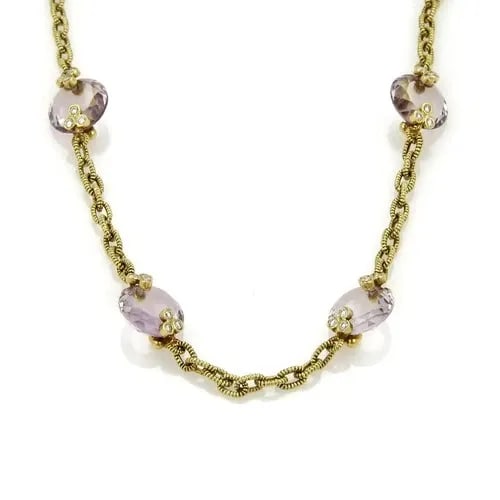 JUDITH RIPKA DIAMOND GOLD NECKLACE 18K YELLOW AMETHYST GEMSTONE MOTIF: JUDITH RIPKA DIAMOND GOLD NECKLACE 18K YELLOW AMETHYST GEMSTONE MOTIF This lovely necklace is from Judith Ripka, it is crafted from 18k yellow gold featuring Ripka's famous textured link chain which h