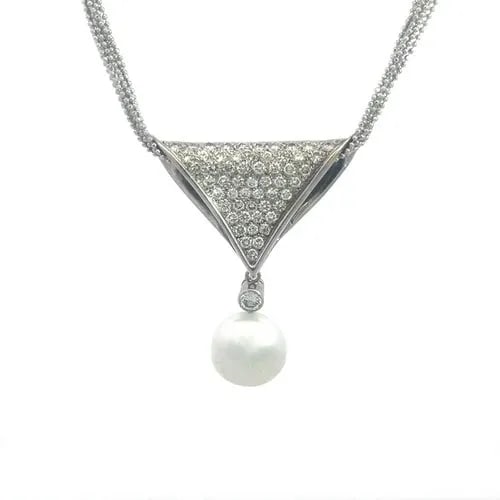 DIAMOND GOLD PEARL NECKLACE 14K WHITE MULTI-CHAIN WIDE DANGLE PENDANT: DIAMOND GOLD PEARL NECKLACE 14K WHITE MULTI-CHAIN WIDE DANGLE PENDANT This gorgeous necklace is a fine jewelry featuring a wide flare double fold pendant with a dangling pearl and a larger bezel set d