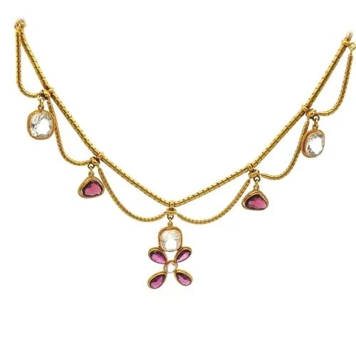 21KT GOLD GARNET DOUBLE CHAIN FLORAL MOTIF DANGLE VINTAGE NECKLACE 17K PENDANTS (1 of 2)