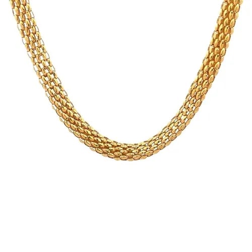 YELLOW GOLD 21K NECKLACE MESH FLAT CAGE LINK CHAIN: YELLOW GOLD 21K NECKLACE MESH FLAT CAGE LINK CHAIN This is a beautiful necklace; it is crafted from 21k yellow gold with a high polished finish featuring a 6mm wide flex mesh links, it secures with an