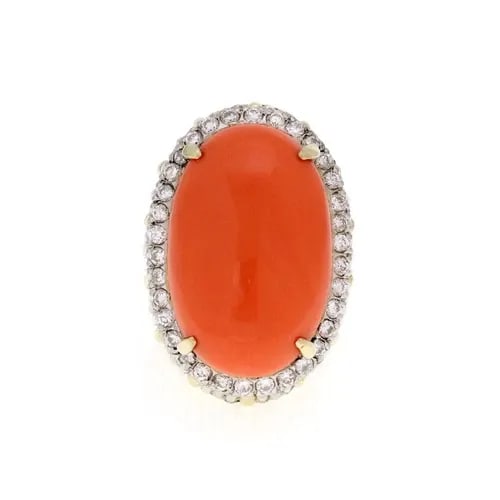 VINTAGE 1.00CT DIAMOND CORAL 14K TWO TONE GOLD LARGE OVAL RING SIZE 6.5: VINTAGE 1.00CT DIAMOND CORAL 14K TWO TONE GOLD LARGE OVAL RING SIZE 6.5 Vintage 1.00ct Diamond Coral 14k Two Tone Gold Large Oval Ring Size 6.5 Description This is a large impressive vintage ring, it 