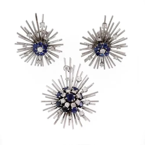 ART DECO 3.8CT DIAMOND SAPPHIRE 14K WHITE GOLD CLIP ON EARRINGS & BROOCH SET (1 of 2)