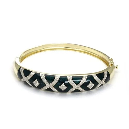BANGLE DIAMOND ENAMEL 14K GOLD HINGED DOME BRACELET ESTATE: This Bangle Diamond Enamel 14k Gold Hinged Dome Bracelet is a luxurious piece of estate jewelry that exudes elegance and sophistication. Crafted with natural diamond round cut stones set in 14k yellow