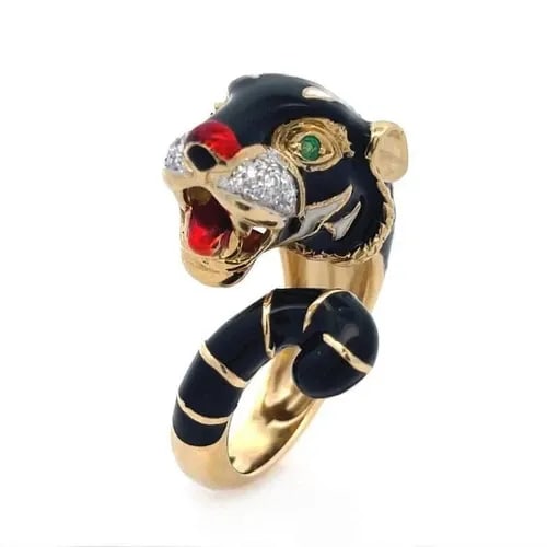 RING DIAMOND & ENAMEL TIGER 18K YELLOW GOLD BYPASS SIZE 8 RING (1 of 2)