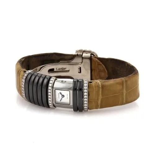 CARTIER DECLARATION WATCH DIAMOND TITANIUM 18K WHITE GOLD LEATHER BAND QUARTZ: CARTIER DECLARATION WATCH DIAMOND TITANIUM 18K WHITE GOLD LEATHER BAND QUARTZ The Cartier Declaration Watch is a luxurious timepiece designed for women. Featuring a square shape and adorned with a dia