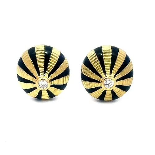 TIFFANY & CO. SCHLUMBERGER GOLD EARRINGS DIAMOND ENAMEL 18K YELLOW WHEEL: These gorgeous Tiffany & Co. earrings by designer Schlumberger are crafted from 18k yellow gold featuring round grooved design, the earrings feature alternating gold with black enamel stripes radiatin