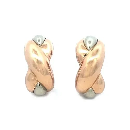 CARTIER TRINITY GOLD EARRINGS 18K TRI-COLOR CLIP ON HUGGIE STYLE: These lovely earrings are by Cartier from the Trinity Collection, the pair is crafted from 18k pink, yellow and white gold with the white gold representing friendship, yellow for fidelity and pink for