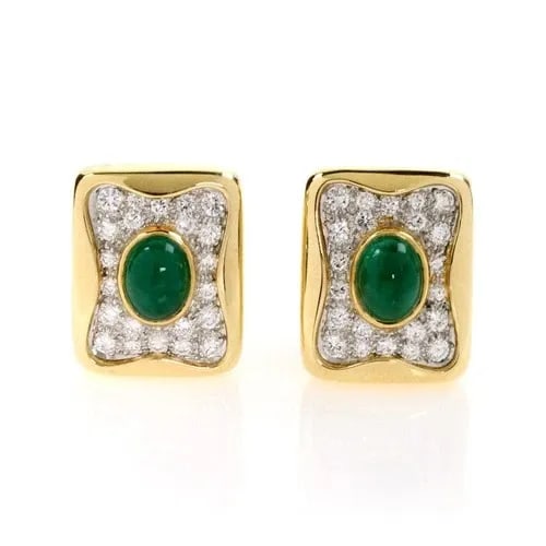 DIAMOND & GEMSTONE EARRINGS HUGGIE POST CLIP ESTATE: DIAMOND & GEMSTONE EARRINGS HUGGIE POST CLIP ESTATE The product is a pair of luxurious diamond and gemstone earrings with a huggie style design. They are crafted from 18k yellow gold with a natural gr