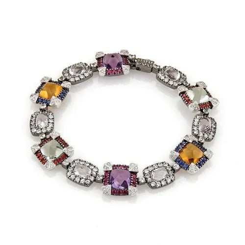 DIAMONDS & GEMS GOLD BRACELET 18K WHITE GEOMETRIC DESIGN: DIAMONDS & GEMS GOLD BRACELET 18K WHITE GEOMETRIC DESIGN This lovely diamond and gemstone bracelet features a stunning oval and square shape links with white diamond accent set in 18k white gold and c