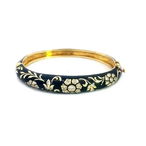 DIAMOND GOLD ENAMEL BANGLE 14K YELLOW FLORAL DOME SHAPE VINTAGE (1 of 2)