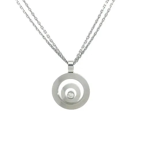 CHOPARD HAPPY SPIRIT GOLD NECKLACE FLOATING DIAMOND 18K WHITE BOX & CERT.: From the Happy Spirit Collection by Chopard, this 18k white gold concentric circle design defines the hallmark of the Happy Spirit line. The circular frames next inside one another with the single bez