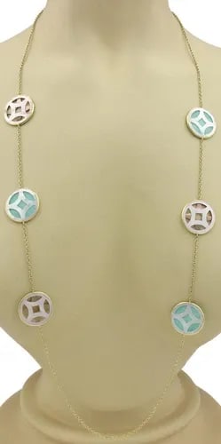 IPPOLITA NECKLACE MOTHER OF PEARL TURQUOISE 18K Y/GOLD 6 ROUND STATION: The Ippolita Necklace features a stunning combination of natural turquoise and mother of pearl stones set in 18k yellow gold. The necklace has a length of 37 inches and showcases six round stations al
