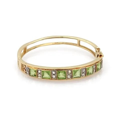 BRACELET PERIDOT & ROSE CUT DIAMOND 14K YELLOW GOLD BANGLE (1 of 2)