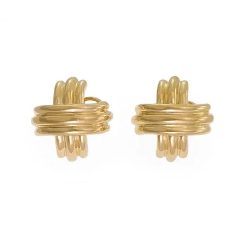 TIFFANY & CO. EARRINGS 18K YELLOW GOLD SIGNATURE X POST & CLIP: The Tiffany & Co. Earrings in 18K Yellow Gold with Signature X design are a luxurious and elegant piece of fine jewelry. Made in Italy, these huggie style earrings feature an omega back closure for se