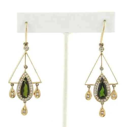 DIAMOND & GEMS GOLD EARRINGS 5.90CT 18K YELLOW CHANDELIER STYLE (1 of 2)