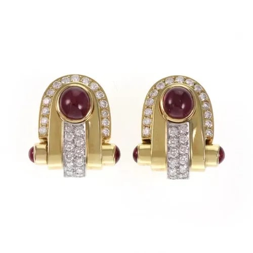 GORGEOUS EARRINGS 8 CARATS CABOCHON RUBY & DIAMOND 18K GOLD POST CLIP: GORGEOUS EARRINGS 8 CARATS CABOCHON RUBY & DIAMOND 18K GOLD POST CLIP Gorgeous 8 Carats Cabochon Ruby & Diamond 18k Gold Post Clip Earrings Description This is a fabulous pair of Estate earrings, they