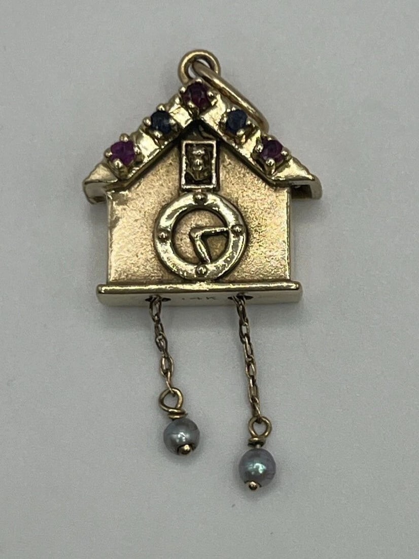 14K YELLOW GOLD COO COO CLOCK WITH PEARLS AND 5 GEMSTONES (1 of 2)