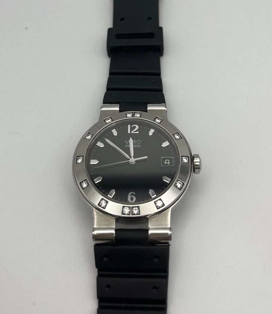 MENS MOVADO VIZIO BLACK FACE WATCH WITH DIAMONDS - STAINLESS STEEL W RIBBER BAND (1 of 1)