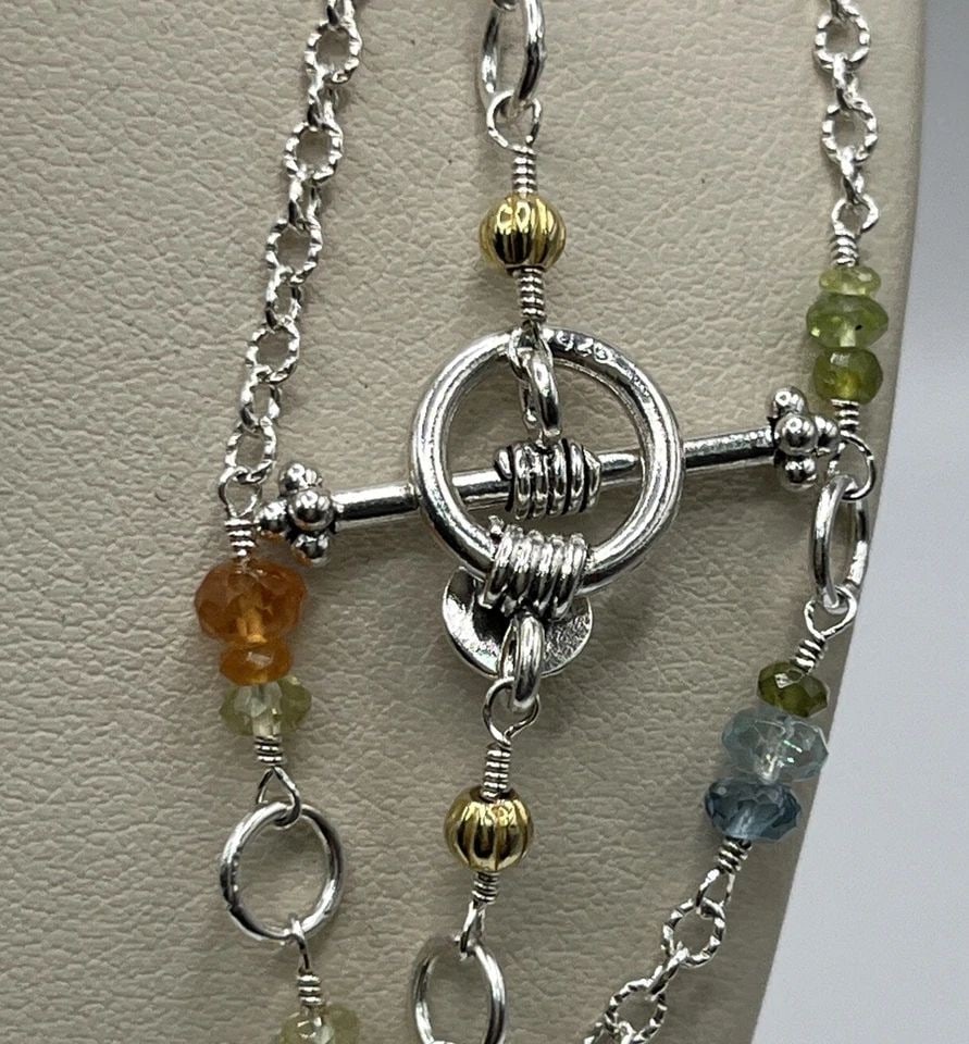 STERLING SILVER 56" NECKLACE WITH MULTI-COLOR BEADS AND 14K GOLD BALLS (1 of 1)