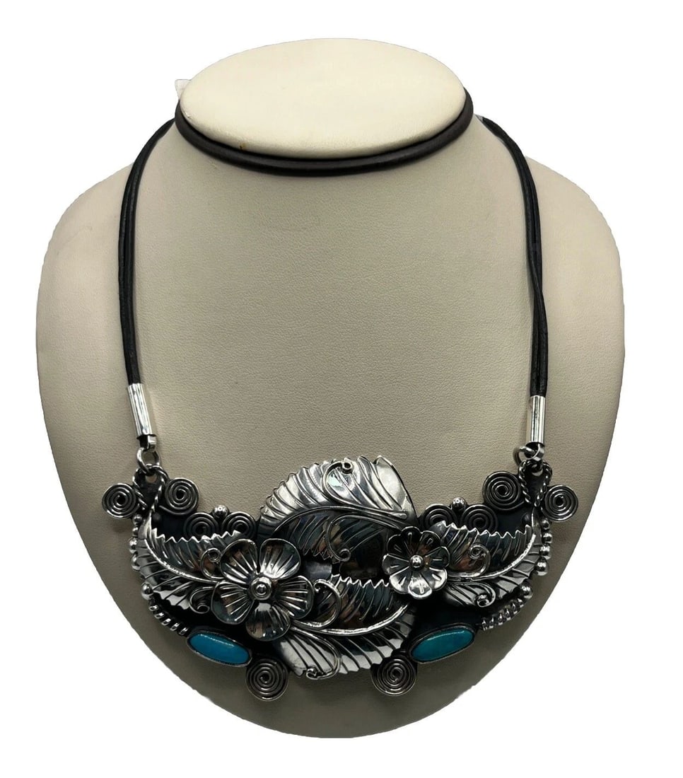 RARE VINTAGE MEXICAN CII WESTERN STERLING SILVER HUGE PENDANT NECKLACE TURQUOISE (1 of 2)