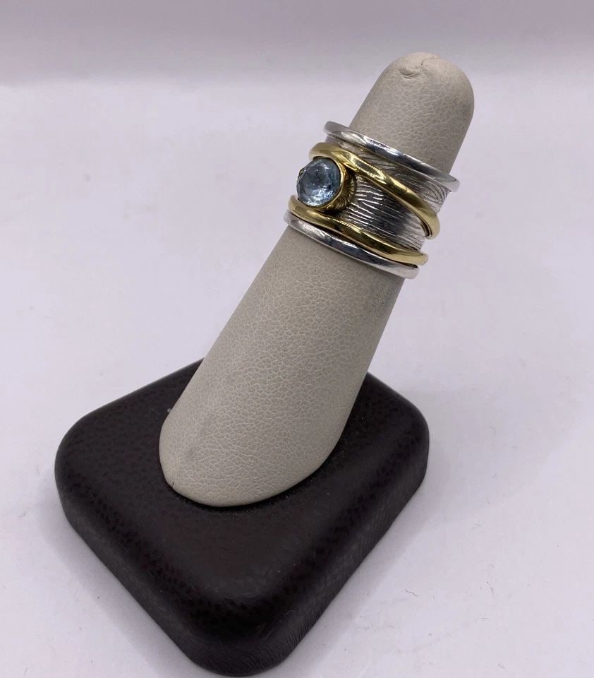 STERLING SILVER & BRASS INDIA BLUE TOPAZ FASHION STATEMENT RING SIZE 6.5 (1 of 1)