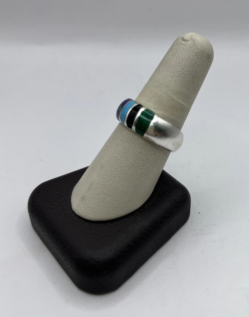 STERLING SILVER SIZE 9 RING WITH MULTI COLOR INLAYS MADE IN MEXICO (1 of 2)