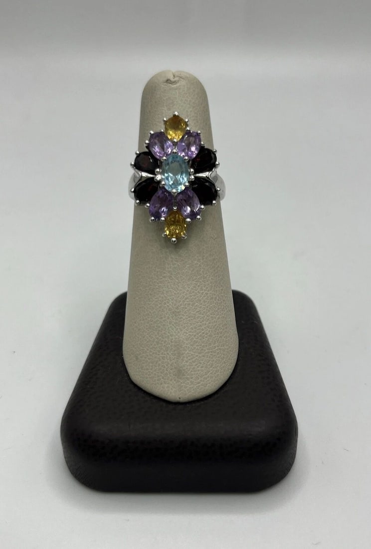 STERLING SILVER MIXED GEMSTONE CLUSTER STATEMENT RING SIZE 7 (1 of 1)