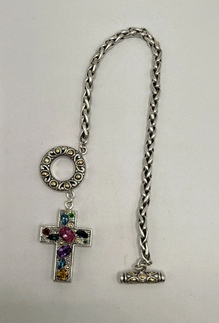 SAMUEL BENHAM STERLING SILVER BRAIDED 18K GOLD CROSS GEM TOGGLE BRACELET (1 of 2)