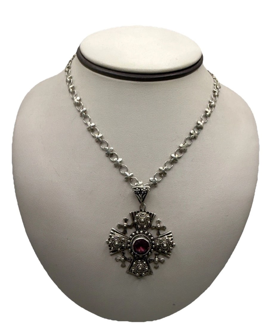 JERUSALEM CRUSADERS CROSS PENDANT WITH PURPLE STONE ON 24 CHAIN: Jerusalem Crusaders Cross Pendant with Purple Stone on 24 Chain 25.4 grams for both the chain and cross 40.31 mm approximate width of cross The Jerusalem Crusaders Cross Pendant is a vintage and antiq