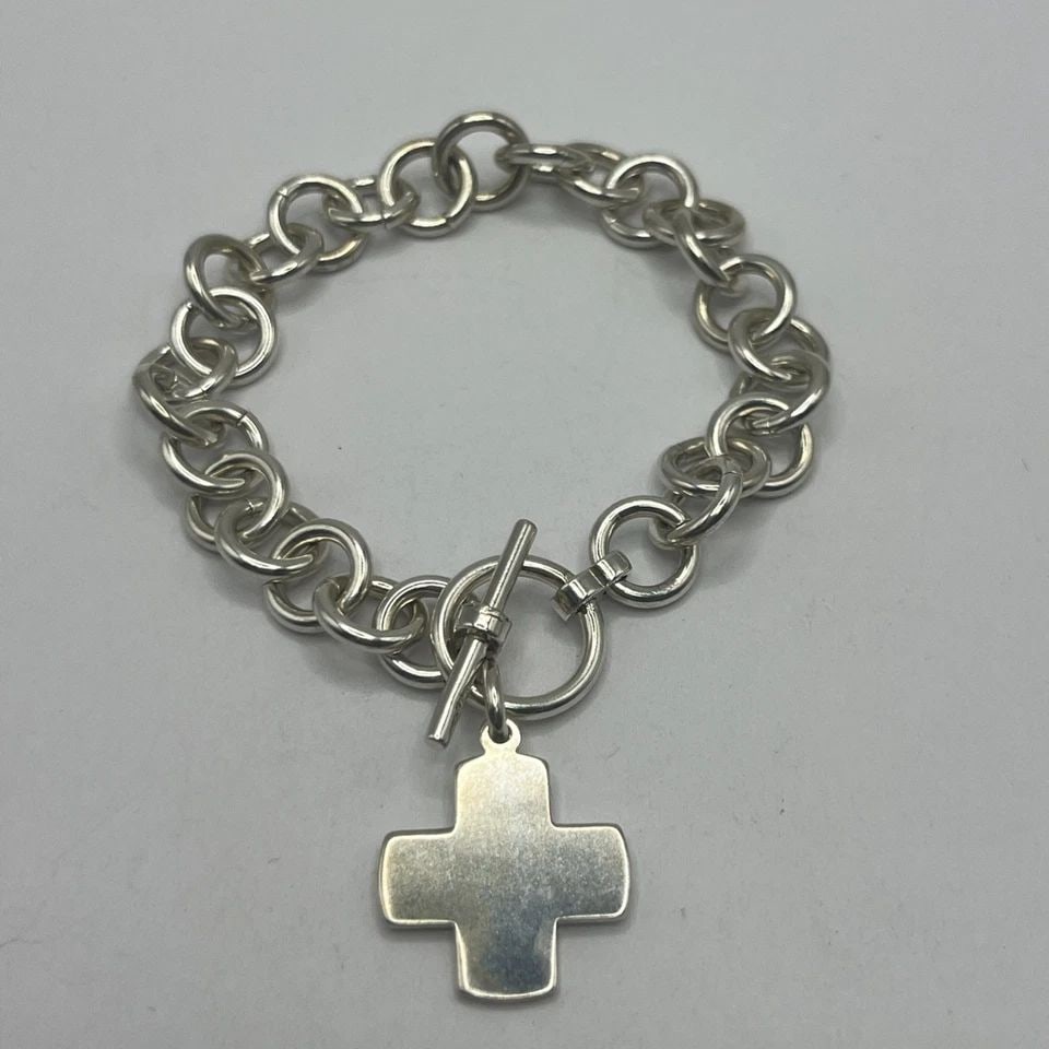 925 7" CIRCLE LINK CHARM BRACELET WITH CROSS & TOGGLE LOCK 26.6 G (1 of 1)