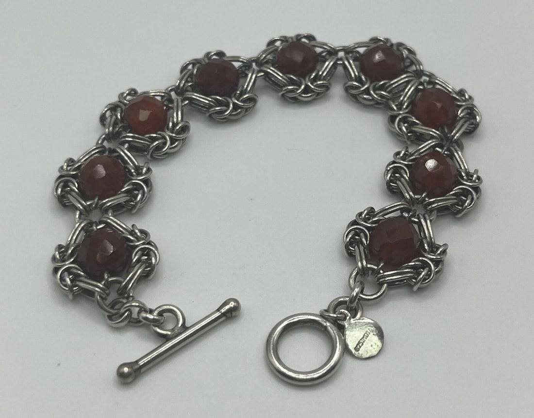 7?? DESIGNER "RSU' INDIA STERLING SILVER CARNELIAN BEAD CABLE CHAIN BRACELET (1 of 2)