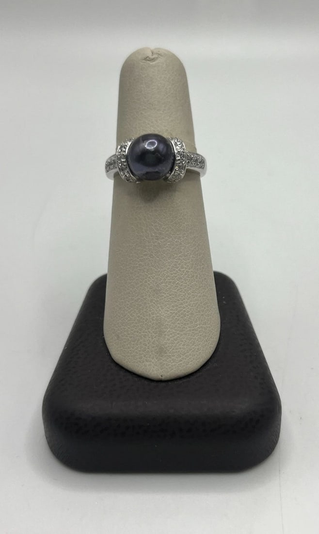 STERLING SILVER CULTURED BLACK PEARL/CZ RING SIZE 7 (1 of 1)