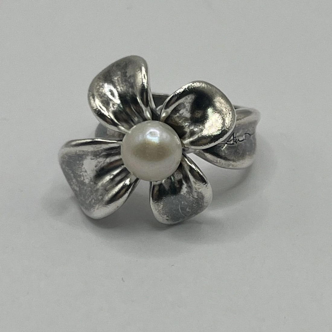 ANNA KING STERLING SILVER PEARL & ORCHID FLOWER RING SIZE 7 (1 of 1)