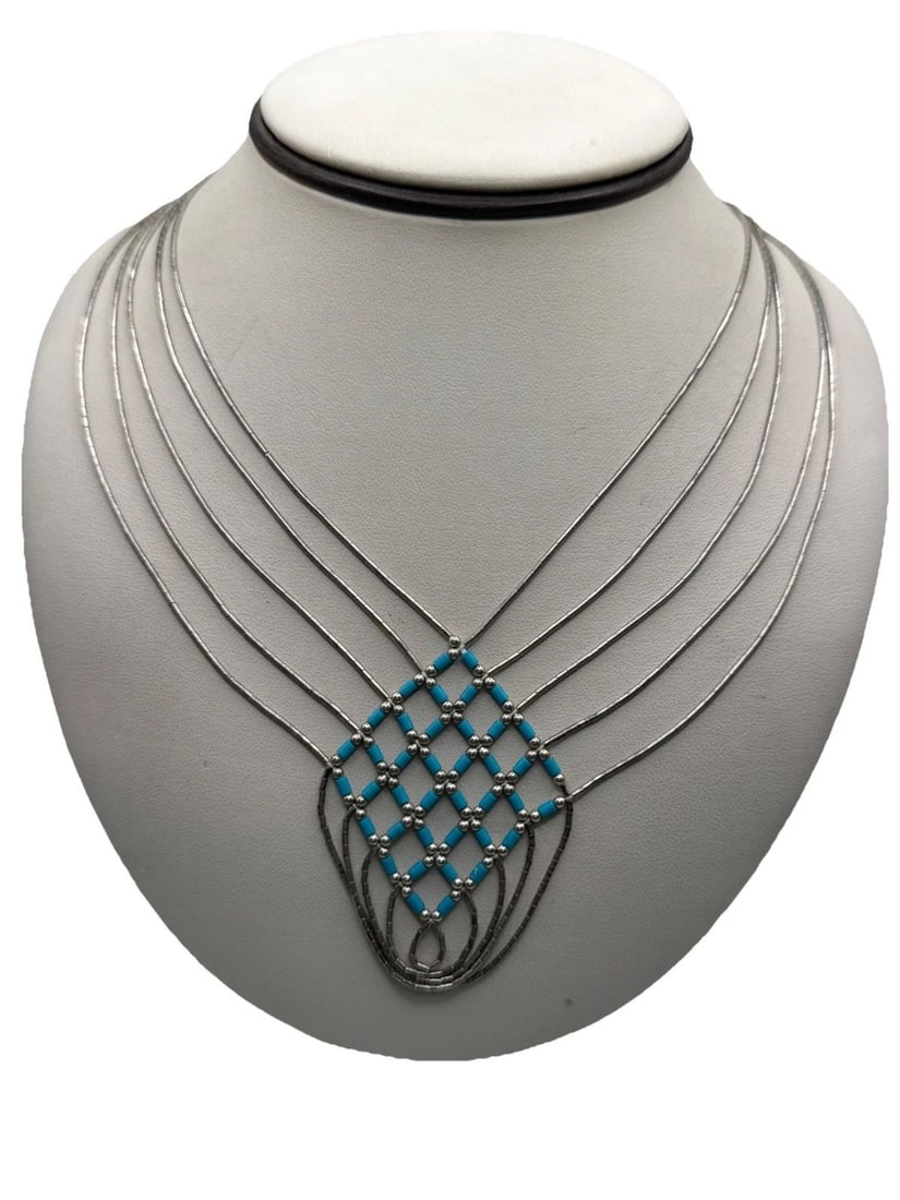 VINTAGE NAVAJO LIQUID STERLING SILVER & TURQUOISE WOVEN PENDANT NECKLACE (1 of 2)