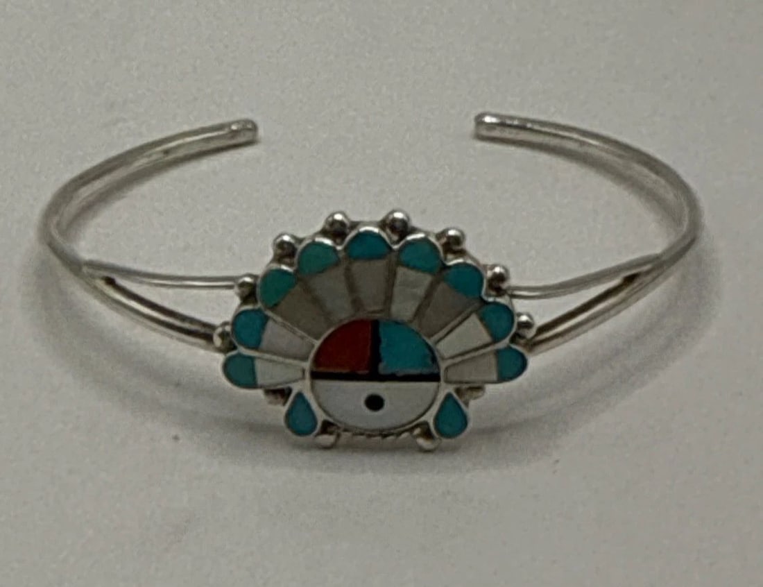 HAND-CRAFTED STERLING SILVER STONE INLAY ZUNI SOUTHWESTERN CUFF BRACELET (1 of 2)