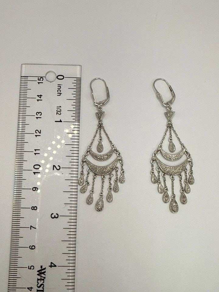 925 STERLING SILVER ROUND-CUT DIAMOND CHANDELIER DANGLING EARRINGS (1 of 1)