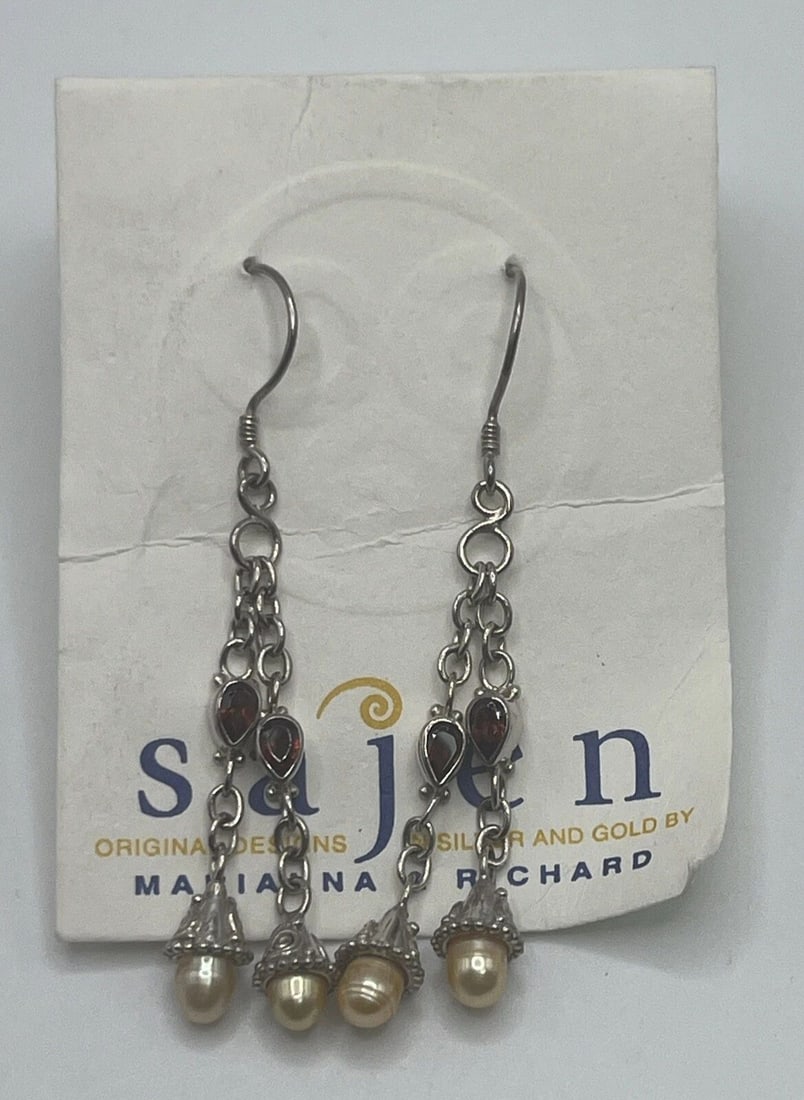 SAJEN STERLING SILVER DROP EARRINGS WITH RED STONES & PEARLS (1 of 2)