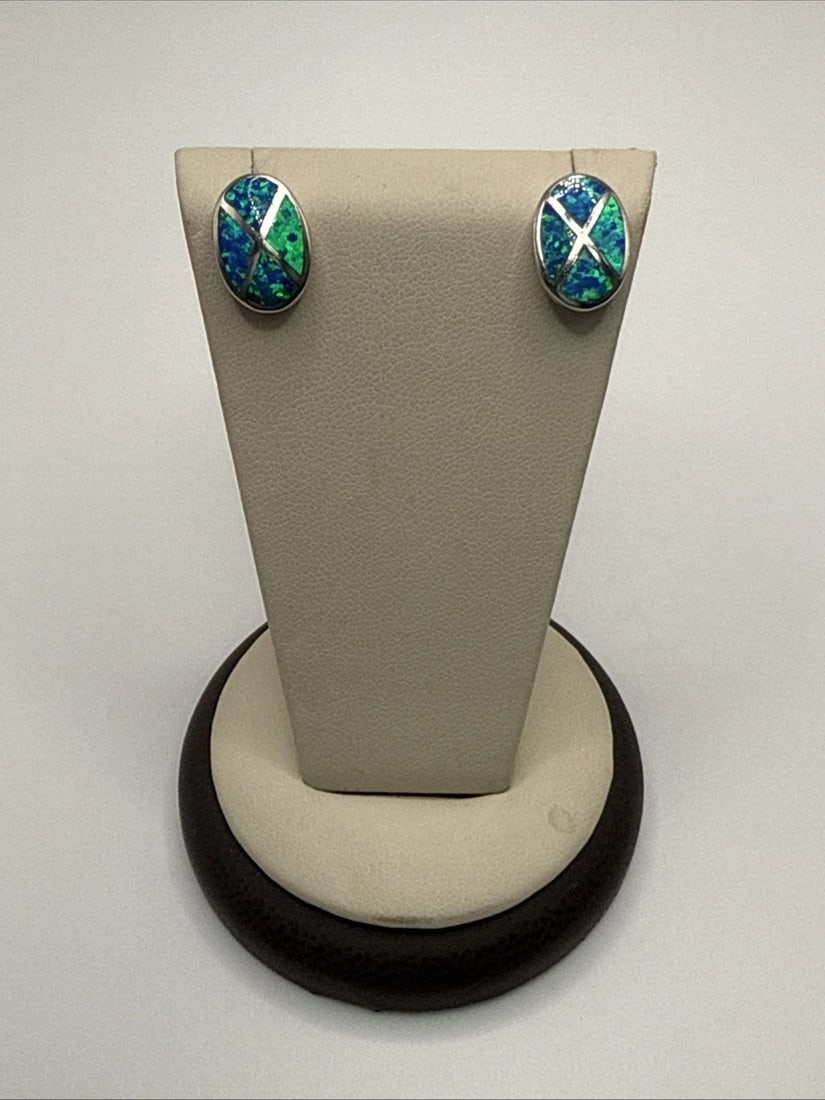 STERLING SILVER & AUTRALIAN BLUE OPAL STUD EARRINGS (1 of 1)