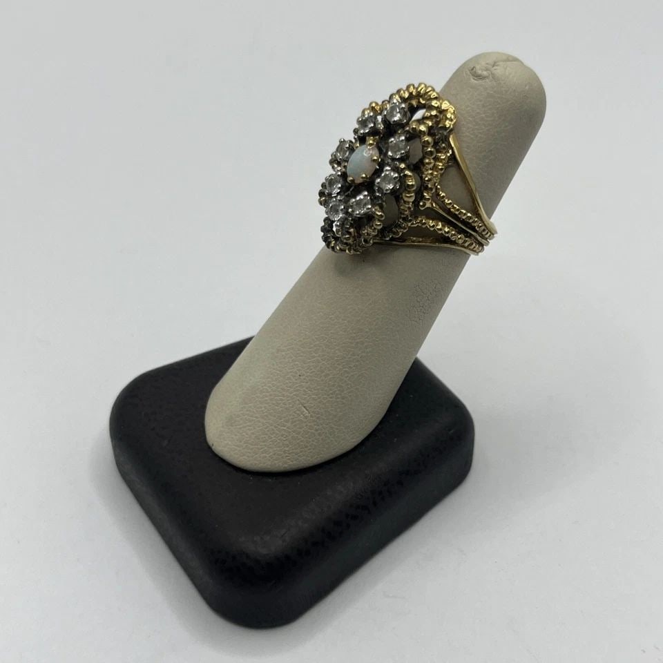 GOLD TONE STERLING SILVER RING WITH CZ & OPAL COLORED STONE SIZE 6.5 (1 of 1)