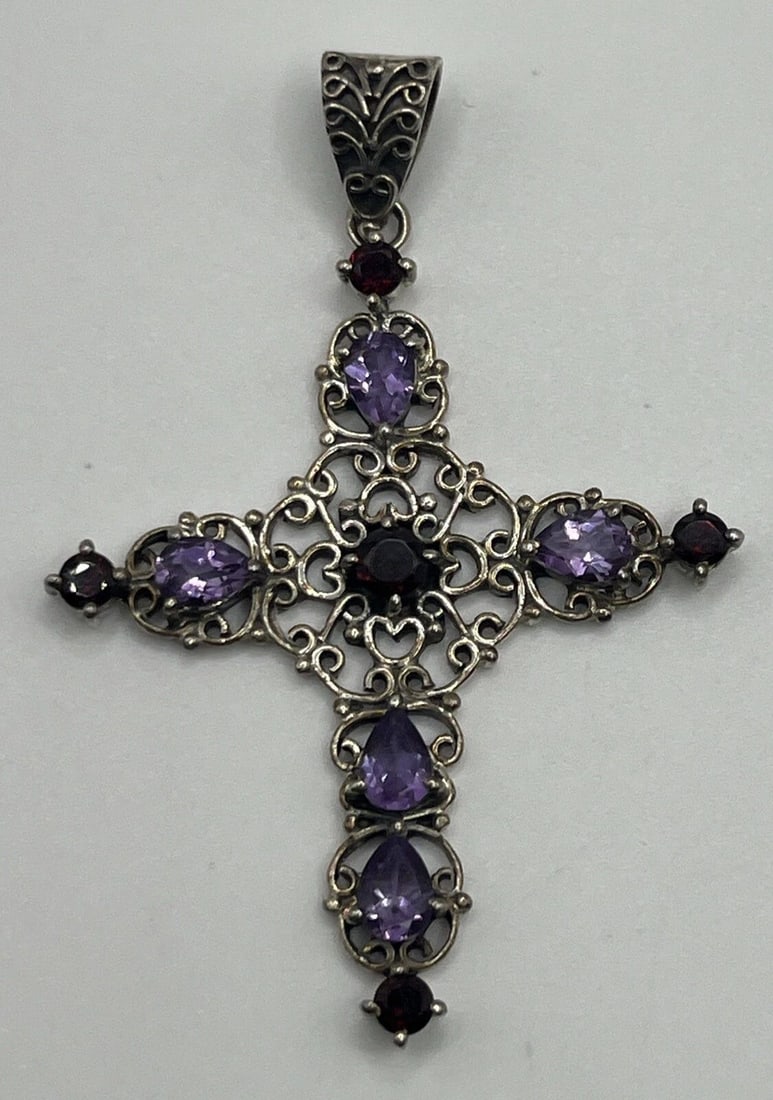 VINTAGE INDIA DESIGNER STERLING SILVER AMETHYST GARNET FLORAL DESIGN PENDANT (1 of 1)